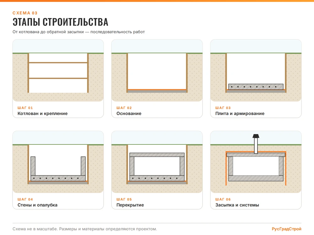 Схема этапов строительства бункера: котлован, основание, плита, стены, перекрытие, засыпка